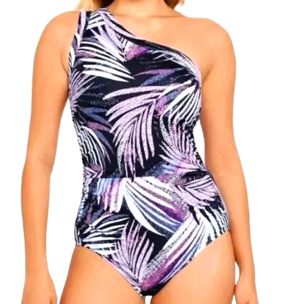 Swim Solutions Women's Black Printed Tummy Control One Shoulder One Piec…